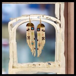 Handmade Long white geometric beaded earrings with brass half circle